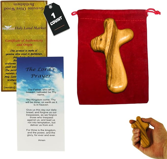 Holy Land Market Comfort/Holding Cross Also Known as Palm or Hand Cross With Velvet Bag And Two Certificates (4 Inches) (1)