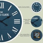ARTPOWER Large Farmhouse Wall Clock, 24” Shiplap Wall Clock with Roman Numeral, Nearly Non-Ticking, Round Wall Clocks for Living Room Decor, Office, Bedroom, Entrance, Blue