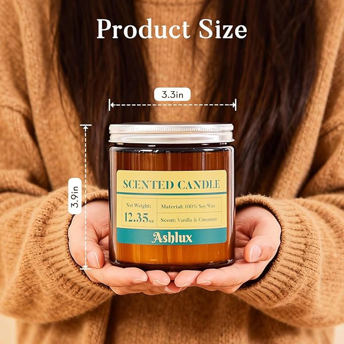 Vanilla and Cinnamon Candle,12.35oz Scented Candles with 8% Essential Oils,70 Hour Burn Time Soy Wax Candles for Home Decor,Reading,Jar Candle Gifts for Women and Men
