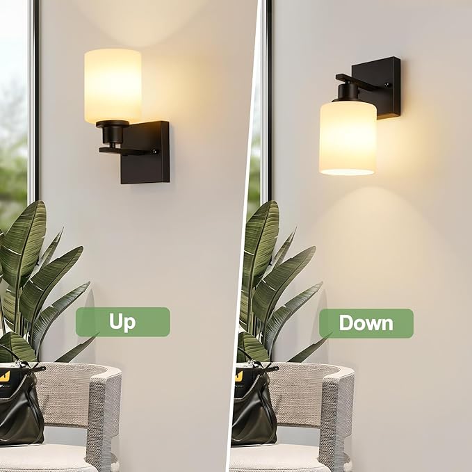 Set of 2 Wall Sconces for Bathroom,Black Modern Vanity Lights with White Glass Shade,Bathroom Wall Lamp for Mirror Kitchen Living Room Hallway Cabinet Porch