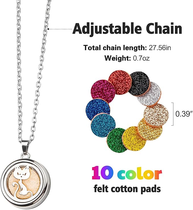 Essential Oil Diffuser Necklace & Bracelet Set for Women Gift 2pcs, Cat Aroma Locket Necklace + Pawprint Diffuser Bracelet Adjustable with 20 Refill Pads, Gifts for Wife, Girlfriend, Friend, Sister