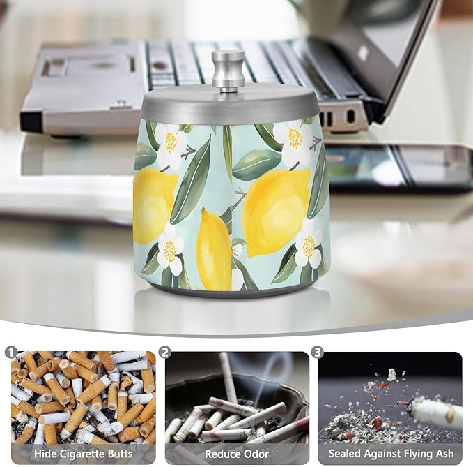 Lemon White Flowers Blue Pattern Ashtray with Lid, Outdoor Ashtrays for Patio, Stainless Steel Ashtray Odorless Smokeless for Home Office Balcony