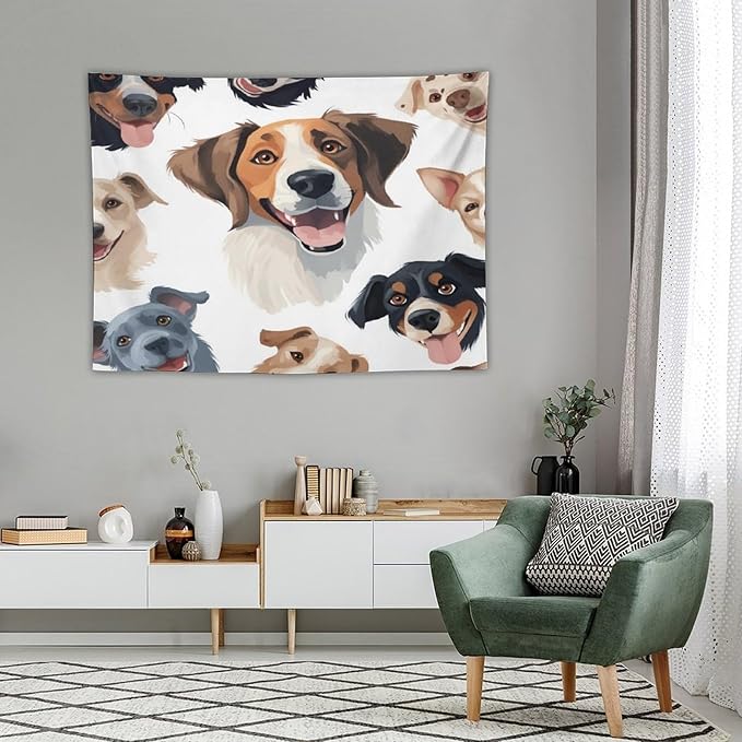 VUMIVI Cartoon Dog Tapestry Black & White Pet Dog Heads Cute Illustration Modern Creative Design Tapestry Wall Hanging for Living Room Bedroom Dorm Classroom Aesthetic Decor W40xL30in