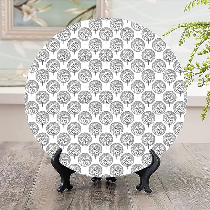 Decorative Plates, Floral Print Ornament, Tree Pattern with Leaves Inside Circles Monochrome Mother, 10 Inch, Kitchen Wall Decor, Grey White