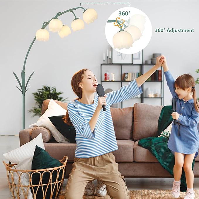 HMVPL Arc Floor Lamp for Living Room, Flower Floor Lamp with 5 G9 LED Bulbs, Foot Switch, Green Floral Standing Lamp with Acrylic Shade, Curved Tall Lamp for Living Room Bedroom Corner Kids Reading