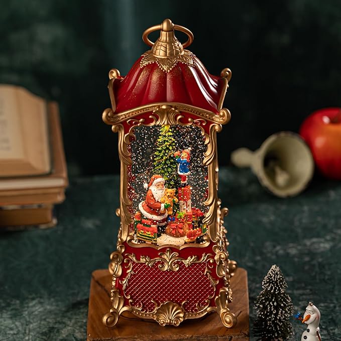 Christmas Snow Globe Lantern with Santa Claus – Vintage 8 Songs Musical Box, Automatic Snowfall, Led Light, USB or Battery Powered,for Christmas Festival Home Fall Decoration Gifts, Red