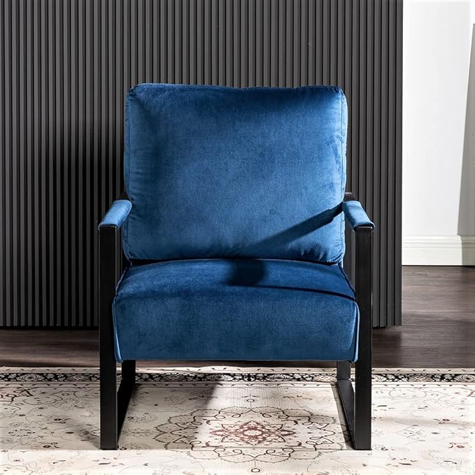 Container Furniture Classic Mid Century Modern Accent Chair with Durable Square Metal Frame, Armchair for Living Room, Bedroom, Home Office in Plush Velvet Upholstery, Blue
