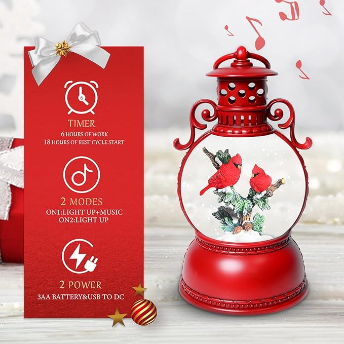 Snow Globes, Cardinal Snow Christmas Lantern, 8 Songs, 6H Timer Battery & USB Powered Glitter Music Box, Gifts for Men and Kids,Christmas Table Decorations Home Decor