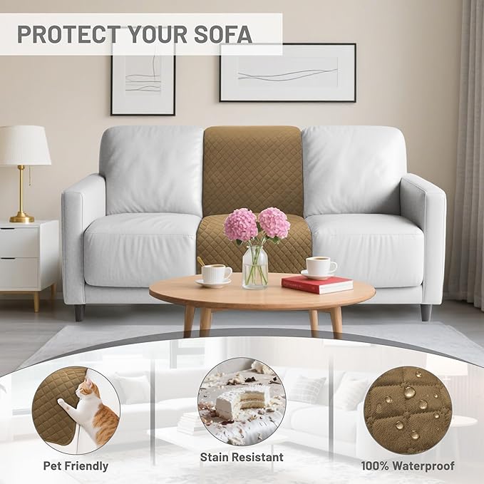 Recliner Sofa Covers 100% Waterproof Velvet L Shape Recliner Couch Covers for Dogs Pets Washable Anti Slip 1 Additional Couch Cover for Reclining Couch (Additional Seat, Light Tan)