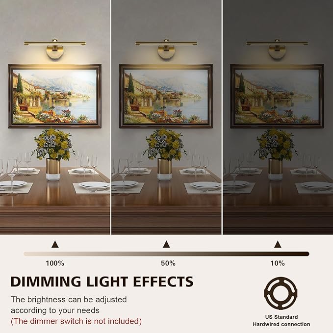 Picture Light Dimmable Hard Wired 15.75 Inch Adjustable Swing Arm Brass Wall Lights for Pictures Led Display Light for Artwork 7W Warm White