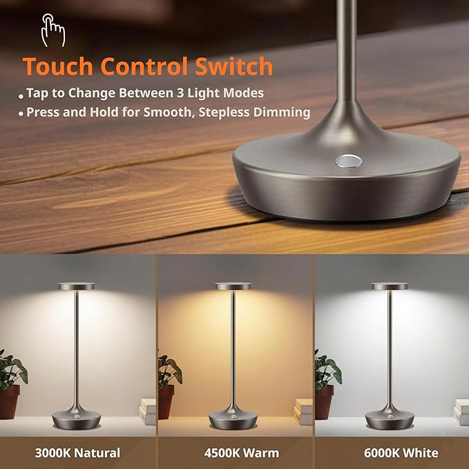 Cordless Table Lamps Outdoor - Rechargeable 6000mAh Battery Operated Table Lights - LED Portable Touch Dimmable Waterproof Table Lamp for Patio Restaurant Dining (2 Grey)