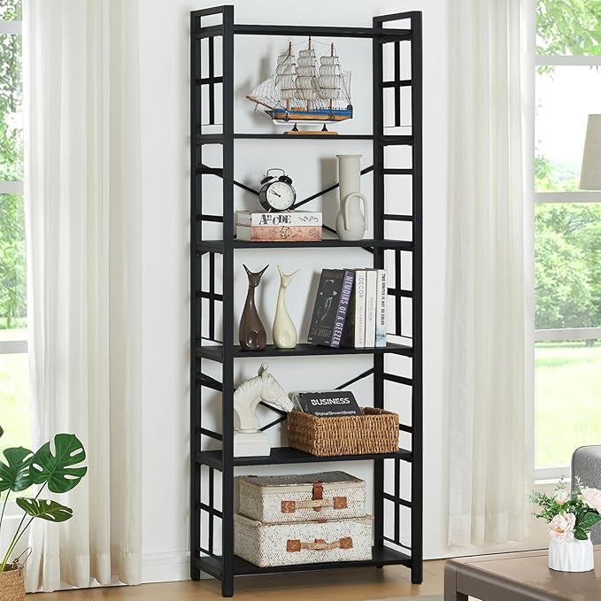 HOMBAZAAR 6 Tier Bookshelf,70 inch Tall Industrial Bookcase with Metal Frame and Open Shelves,Rustic Heavy Duty 6 Shelf Bookcase, Office Book Shelves for Living Room and Bedroom,Black