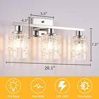 3 Light Silver Chrome Bathroom Vanity Light Over Mirror, Modern Vanity Lighting with Crystal Glass Shade, Wall Mount Bathroom Light Fixtures, E26 Base