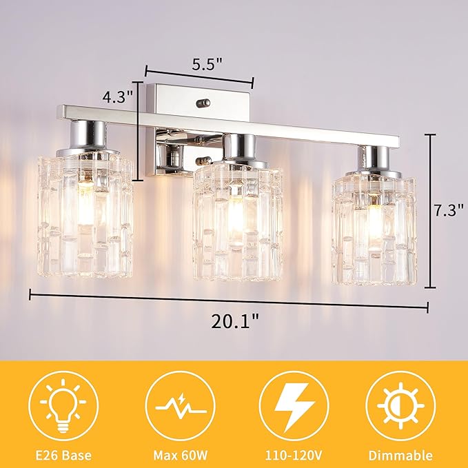 3 Light Silver Chrome Bathroom Vanity Light Over Mirror, Modern Vanity Lighting with Crystal Glass Shade, Wall Mount Bathroom Light Fixtures, E26 Base