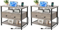 27 Inch Wide Night Stand Set 2 with Charging Station, Wood Nightstand with Open Shelf, Large Drawer Bedside Table for Living Room/Bedroom/Office(Rustic Gray)
