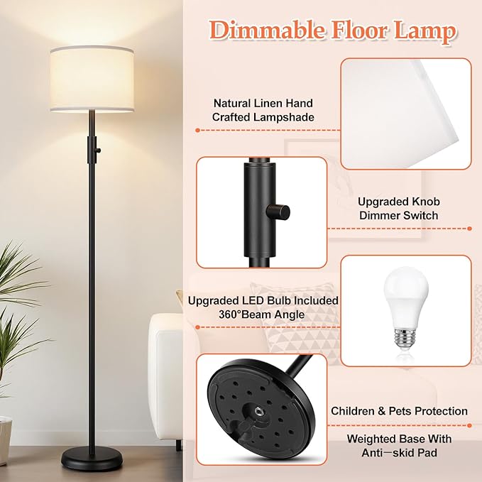 【Upgraded】 Dimmable Floor Lamp, Modern Floor Lamps Simple Design with White Shade for Living Room, Tall Standing Lamp for Bedroom Office Dining Room, Black Pole Lamp
