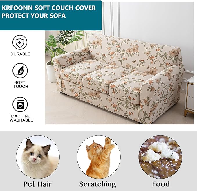KRFOONN 4 Piece Printed Sofa Couch Cover for 3 Cushion Couches Stretch Sofa Slipcovers with 3 Separate Seat Cushion Covers Washable Furniture Protector with Elastic Bottom (Sofa, 57)