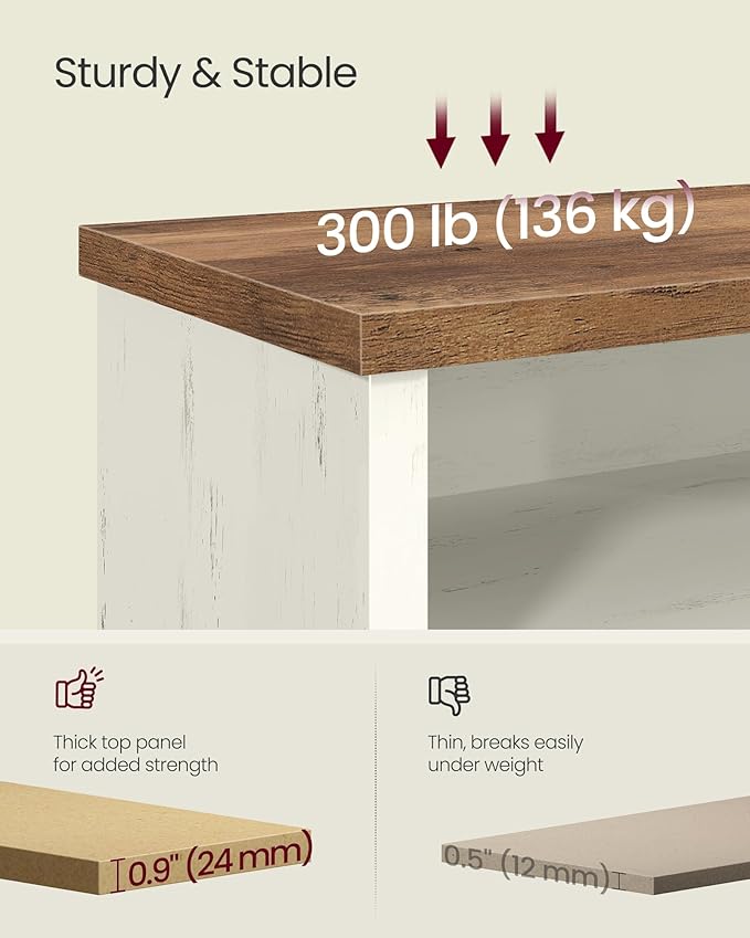 VASAGLE Shoe Bench, Storage Bench, 6 Compartments, Adjustable Shelves, for Living Room, Entryway, Dorm, 11.6 x 39.4 x 19.7 Inches, Rustic White and Honey Brown ULSB036W02