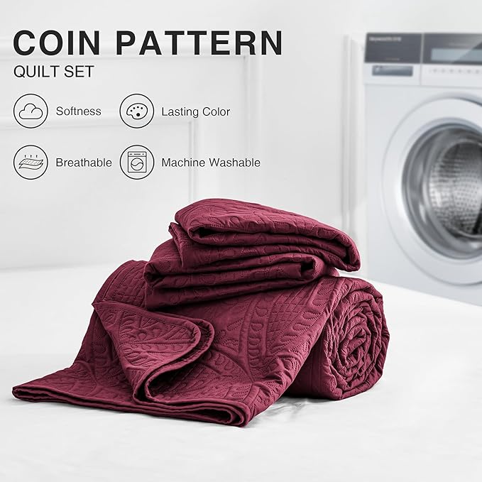 Love's cabin King Size Quilt Bedding Set Burgundy Bedspreads - Bed Lightweight Bedspread Comforter - Coin Pattern Bedding Coverlet for All Season - 3 Pieces (1 Quilt, 2 Pillow Shams)