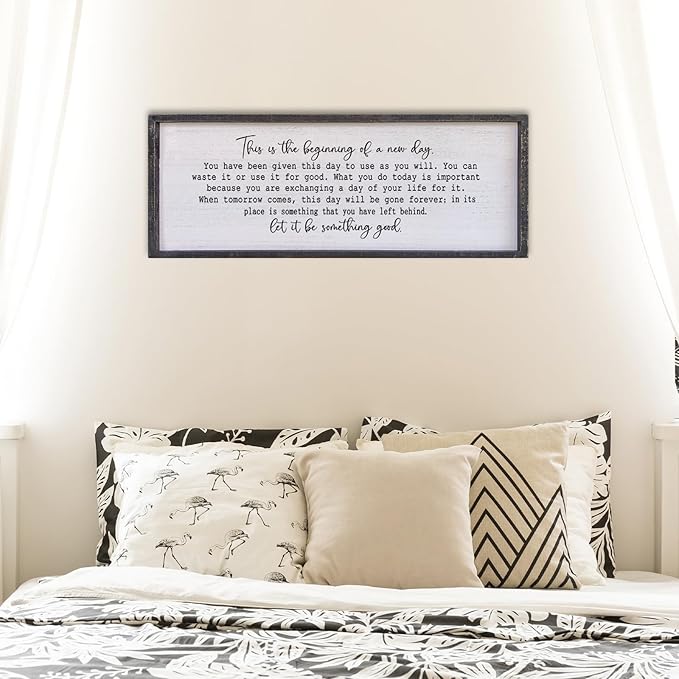 Surfapans This Is The Beginning Of A New Day Wall Decor 32"x12" Modren Large Farmhouse Living Room Inspirational Wood Framed Art Sign Office Home Inspiring Positive Quote Family Decoration (Black)