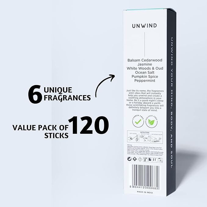 Folkulture Incense Sticks (120 Sticks) | Set of 6 Premium Incense For Focus on Work, Aromatherapy, Gifts | No Charcoal,Organic, Non Toxic, 45 Mins, Long Burning Oud, Jasmine, Peppermint Insence-Sticks