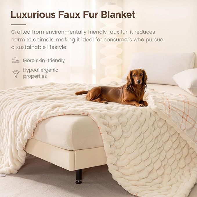 Sophia & William Ruched Faux Fur Throw Blanket for Couch - Luxury Lightweight Plush Fuzzy Cozy Soft Blankets, Cream, 50" x 60"