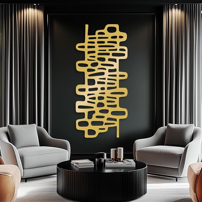 Cadeali Abstract Geometric Metal Wall Art, Modern Circles Metal Decor, Minimalist Line Art, Long Narrow Sign, Luxury Modern Artwork for Living Room, Farmhouse, Office (Gold, 35"x16" | 90x41cm)