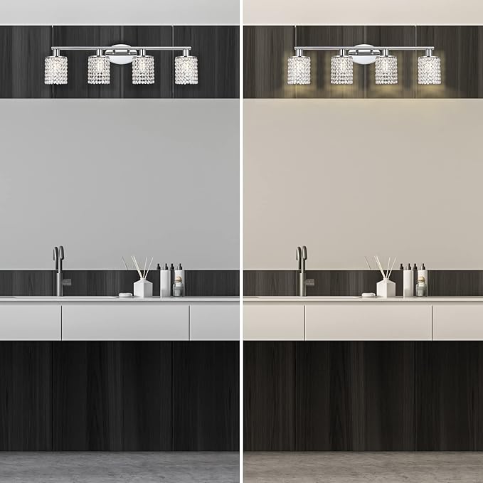 Crystal Bathroom Vanity Lights Over Mirror Chrome Vintage Wall Light Fixture 4-Lights Wall Sconce with K9 Crystal Shade Modern Kitchen Wall Lamp for Living Room Closet Hallway Apartment