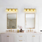 4-Lights Brushed Brass Bathroom Light Fixture Gold Vanity Lights Modern Crystal Bathroom Vanity Lighting Over Mirror Wall Sconce with K9 Crystal Shade E26 Base for Living Room, Bedroom Wall Lamp