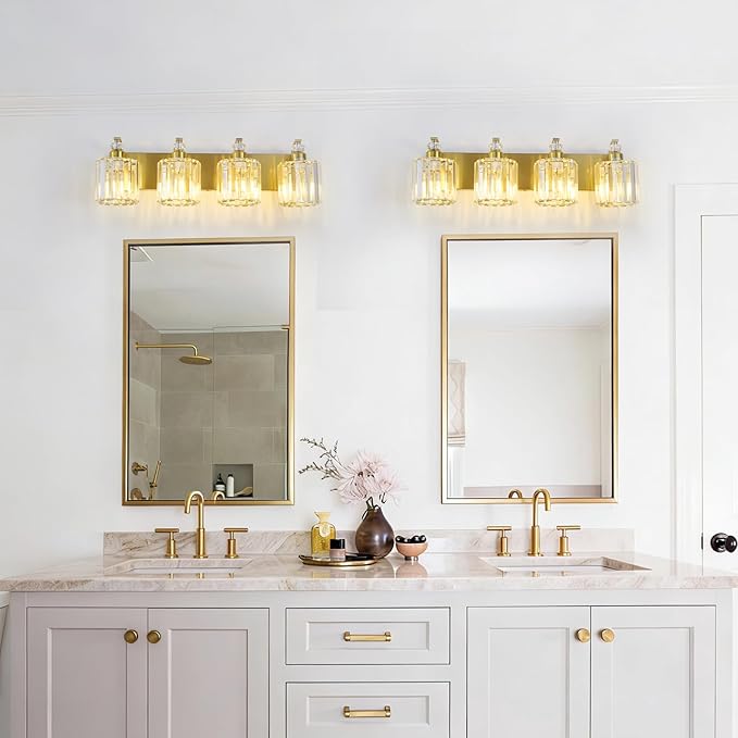 4-Lights Brushed Brass Bathroom Light Fixture Gold Vanity Lights Modern Crystal Bathroom Vanity Lighting Over Mirror Wall Sconce with K9 Crystal Shade E26 Base for Living Room, Bedroom Wall Lamp