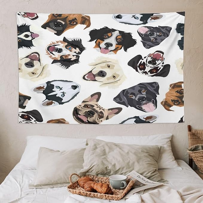 VUMIVI Dog-Head Tapestry Cartoon Pet Illustrations Cute Funny Animals Colorful Graffiti Tapestry Wall Hanging for Living Room Bedroom Dorm Classroom Aesthetic Decor W60xL40in
