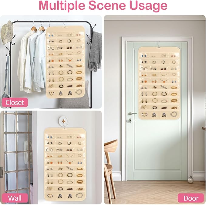 Hanging Jewelry Organizer for Closet with Swiveling Hanger, 17 x 30 In, 80 Clear Pockets Jewelry Organizer Hanging for Jewelries, Earrings, Accessories (Beige) (2, Beige)