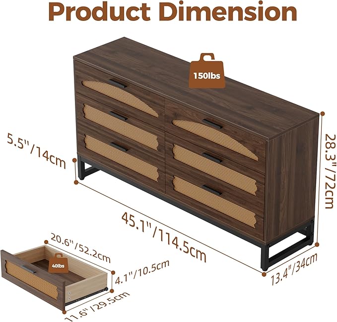 Mericonia 6 Drawer Double Dresser for Bedroom, Rattan Chest of Drawers, Modern Wooden Dresser Chest with Metal Frame for Bedroom, Living Room, Hallway and Entryway, Walnut