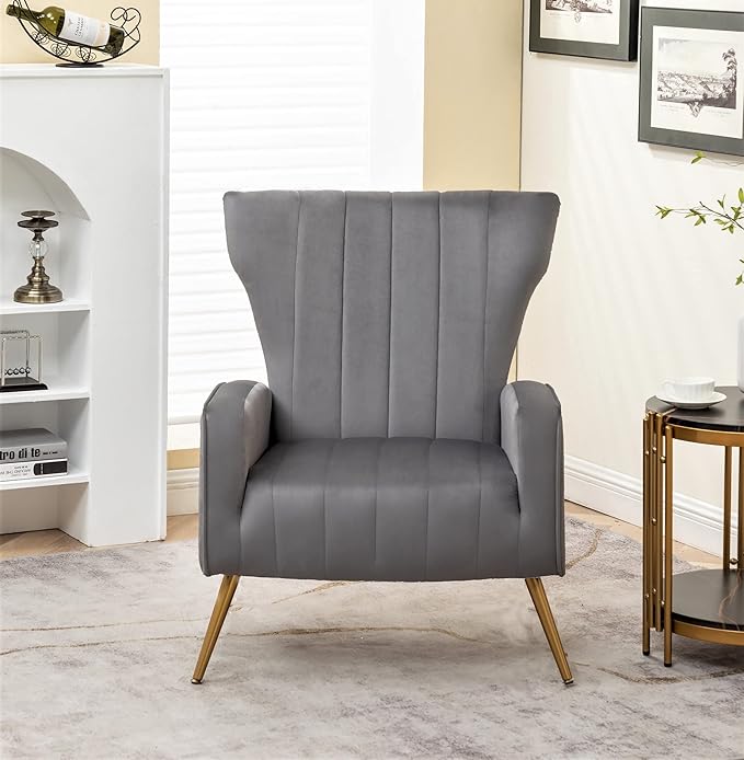 Modern Velvet Accent Chair, Channel Tufted Bedroom, Office or Living Room Furniture with Elegant Metal Legs, 26" Wide Armchair, Grey