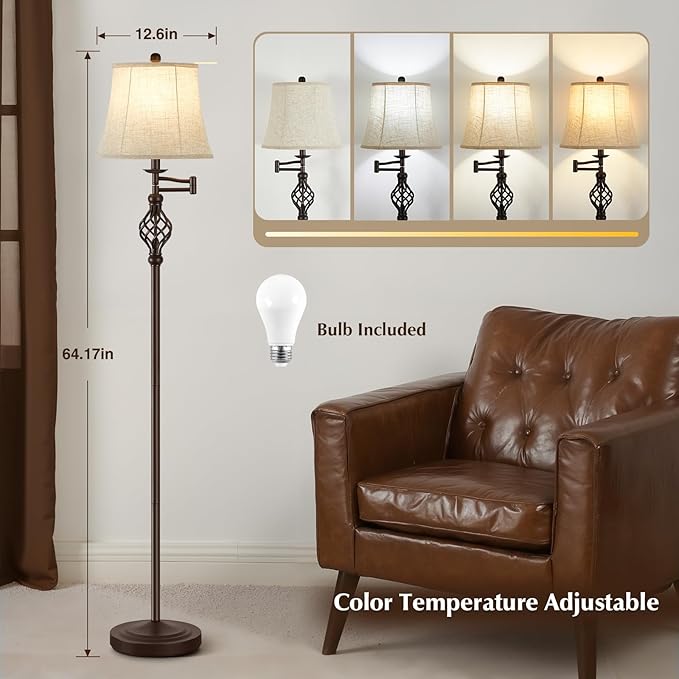 GyroVu Color Temperature Adjustable Floor lamp, Traditional 350° Adjustable Swing Arm Floor Lamp Vintage Pole lamp Farmhouse Lamp for Living Rooms, Rustic Standing Lamp for Bedroom Reading(Red Brown)
