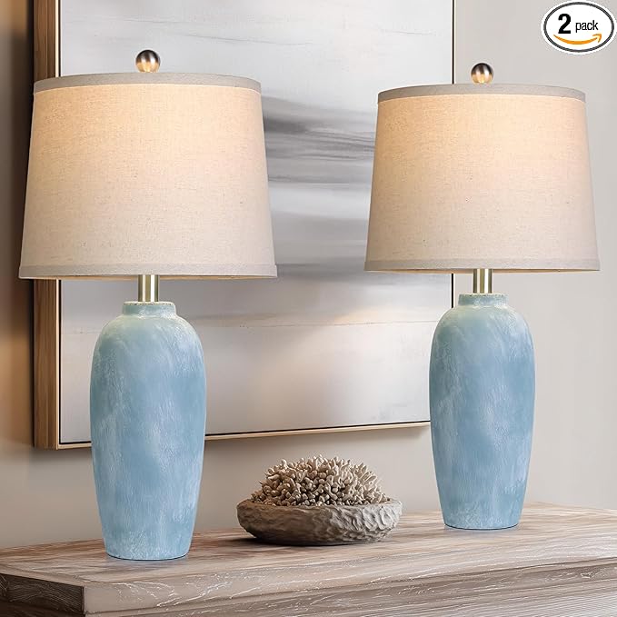 25“ Jar Table Lamps Set of 2, Ceramic Bedside Lamps for Bedroom, Blue Coastal Nightstand Lamps for Living Room