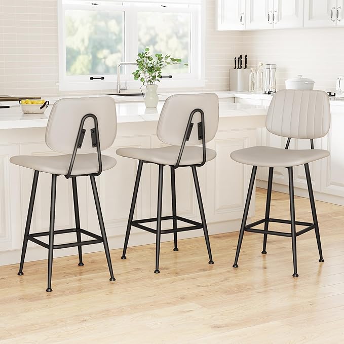 24-Inch Leather Bar Stools Set of 3, Counter Height Barstools with High Backrest，Bar Chairs for Kitchen Island with Heavy Duty Metal Base, Beige