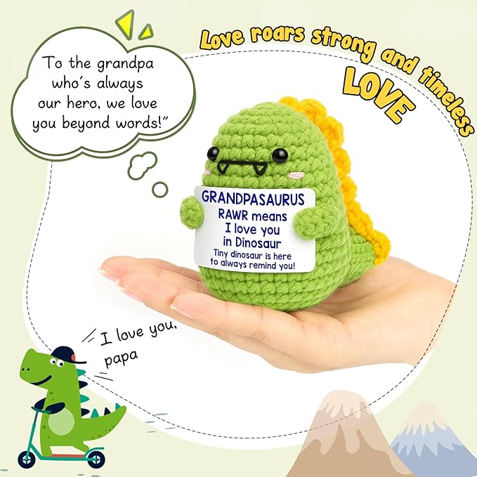 Mini Grandpa Gifts for Christmas– Handmade Crochet Dinosaur Grandpasaurus RAWR I Love You Gift for Grandpa Papa Pops Birthday Christmas Stocking Stuffer Decorative Collectible