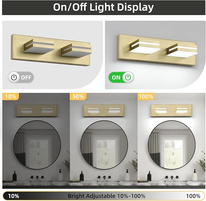 OKELI 2 Lights Bathroom Vanity Light Fixtures Gold LED Dimmable Vanity Light Over Mirror Modern Wall Mounted Lighting Fixture, 350° Rotatable Lamp Head 24W Cold White 6000K ETL Listed