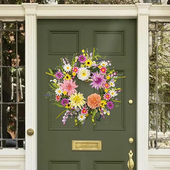 Artificial Spring Wreath 22 Inch Floral Wreaths for Front Door Spring Summer Wreath with Dahlia Daisy Flowers for Indoor Porch Wall Springtime Holidays Easter Celebrations