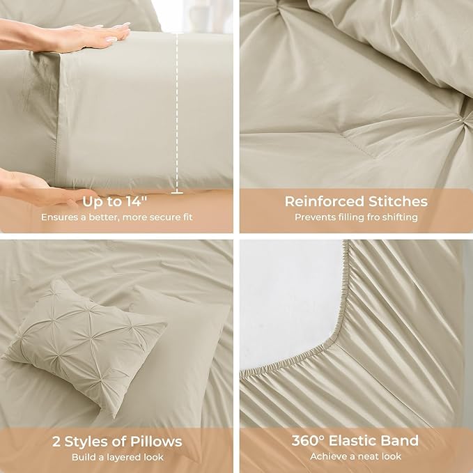 Sasttie Full Size Comforter Set, 7-Piece Bed in a Bag Double, Pintuck Bedding Set for All Season, Includes Comforter, Flat Sheet, Fitted Sheet, Pillowcases and Pillowshams, Linen
