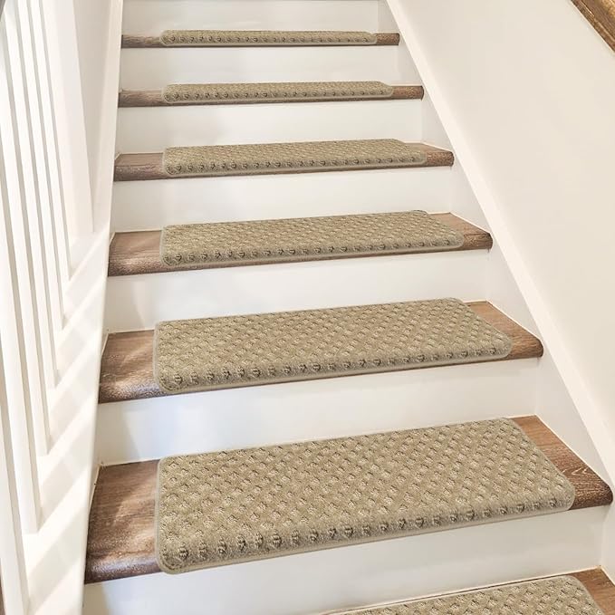 PURE ERA Bullnose Carpet Stair Treads Set Tape Free Non-Slip Indoor Stair Protectors Pet Friendly Rugs 9.5" x 30"(14 Pieces,Khaki Mini-Diamond Trellis)