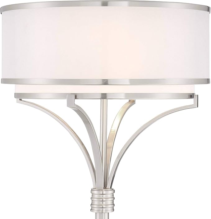 Possini Euro Design Candice Modern Standing Floor Lamp 64" Tall Brushed Nickel Dual Silver Organza White Linen Fabric Drum Shade Decor for Living Room Reading House Bedroom Home