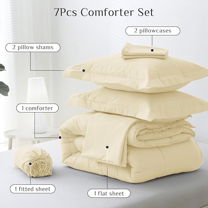 JOLLYVOGUE King Comforter Set, Ultra-Soft Bed in a Bag King Size 7 Pieces, Oeko-TEX Certified Bedding Set with Down Alternative Comforter, Sheets, Pillowcases & Shams, Light Yellow