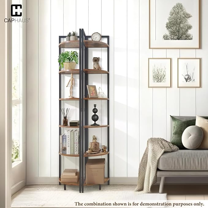 CAPHAUS 6 Tier Corner Shelf, 71.1-Inch Tall Corner Bookshelf, Corner Display Rack with Metal Frame, Round Corner Shelf Unit Rack, Tall Corner Stand for Bathroom, Living Room, Home, Office, Rustic Oak
