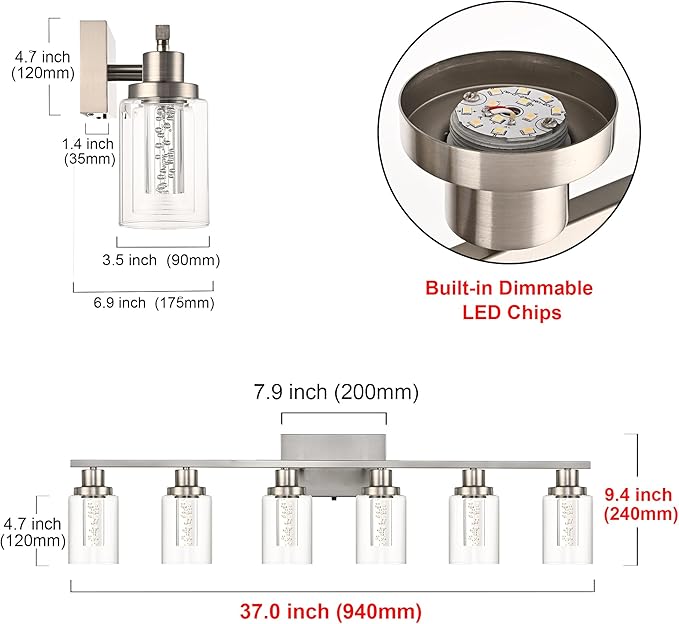 MELUCEE 6-Light LED Bathroom Vanity Light, Modern Brushed Nickel Bathroom Light Bar with Crystal Bubble Clear Glass Shade, Dimmable Bathroom Wall Sconce Lamp 3000K-6000K, Built-in LED Chips