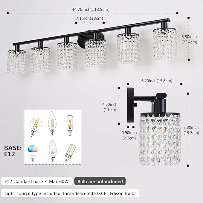 6-Light Bathroom Light Fixtures,Crystal Black Vanity Lights for Bathroom,Modern Bathroom Lights Over Mirror,Modern Black Wall Lights