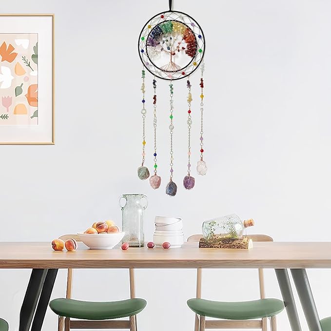 Crystal Tree of Life Dream Catchers with Stone Pendant Colorful Dream Catcher Wall Decor Handmade Dreamcatcher Wall Hanging Ornament for Bedroom Living Room Home Decor