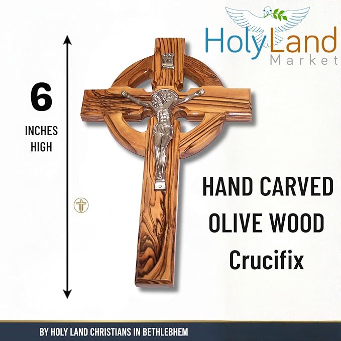 Holy Land Market 6" Celtic Olive Wood Wall Crucifix – Handmade in Bethlehem with Metal Saint Benedict Medal (Front & Back), Certificate, Prayer Card & Medal Explanation – Solid Olive Wood Cross