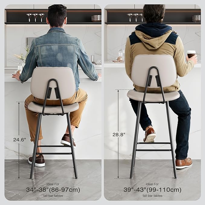 29-Inch Leather Bar Stools Set of 2, Counter Height Barstools with High Backrest，Bar Chairs for Kitchen Island with Heavy Duty Metal Legs, Beige